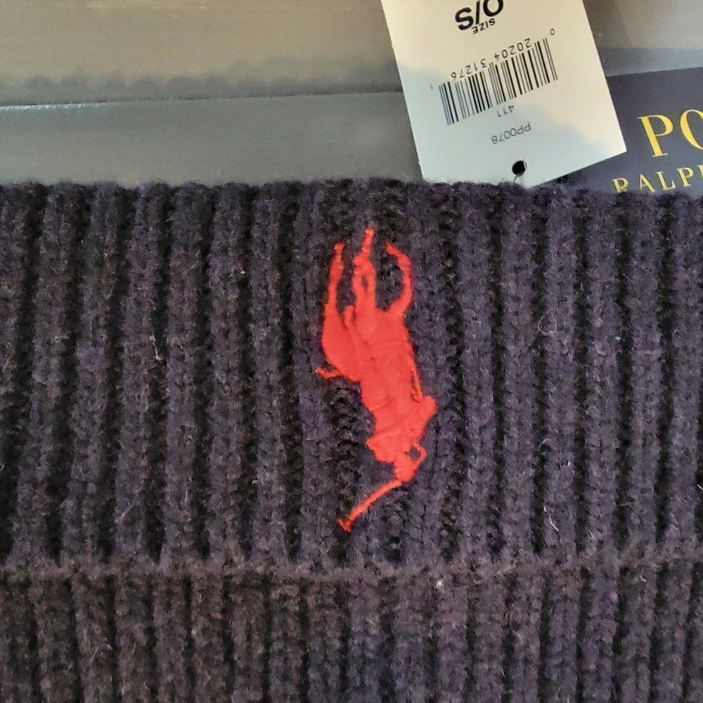 Polo Ralph Lauren Men`s Blue Wool/Nylon Big Pony Signature Merino Cuffed Beanie - Picture 12 of 13